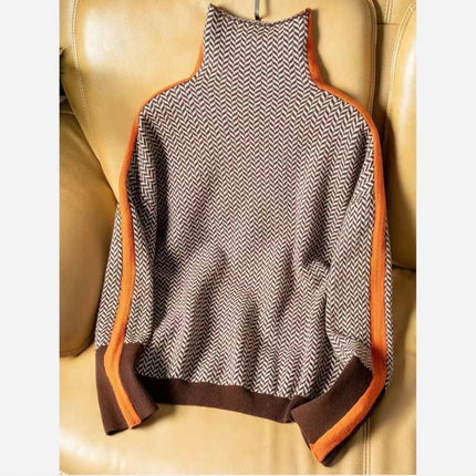 Lazy Loose Contrast Sleeves Fully Imitated Wool High Neck Sweater For Women