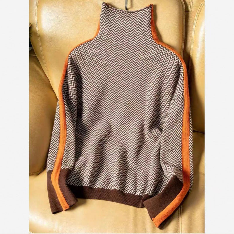 Lazy Loose Contrast Sleeves Fully Imitated Wool High Neck Sweater For Women