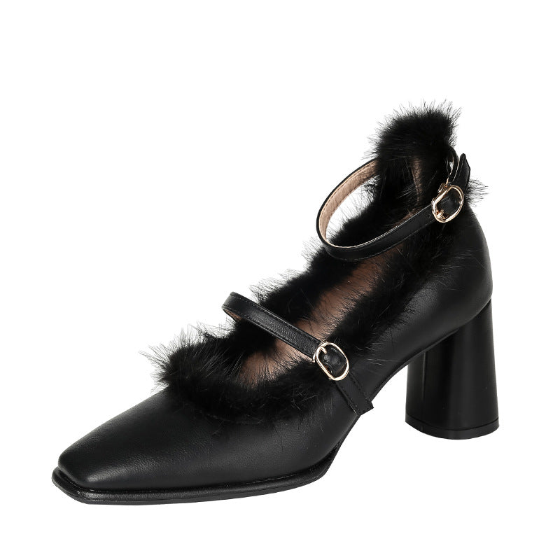 Retro Square Toe Single New Mink Fur French Style Chunky High Heels For Women