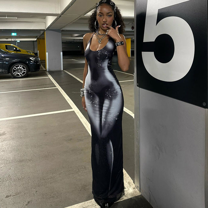 Spring New Printed Halter Slim Fit Sexy Backless Dress Women