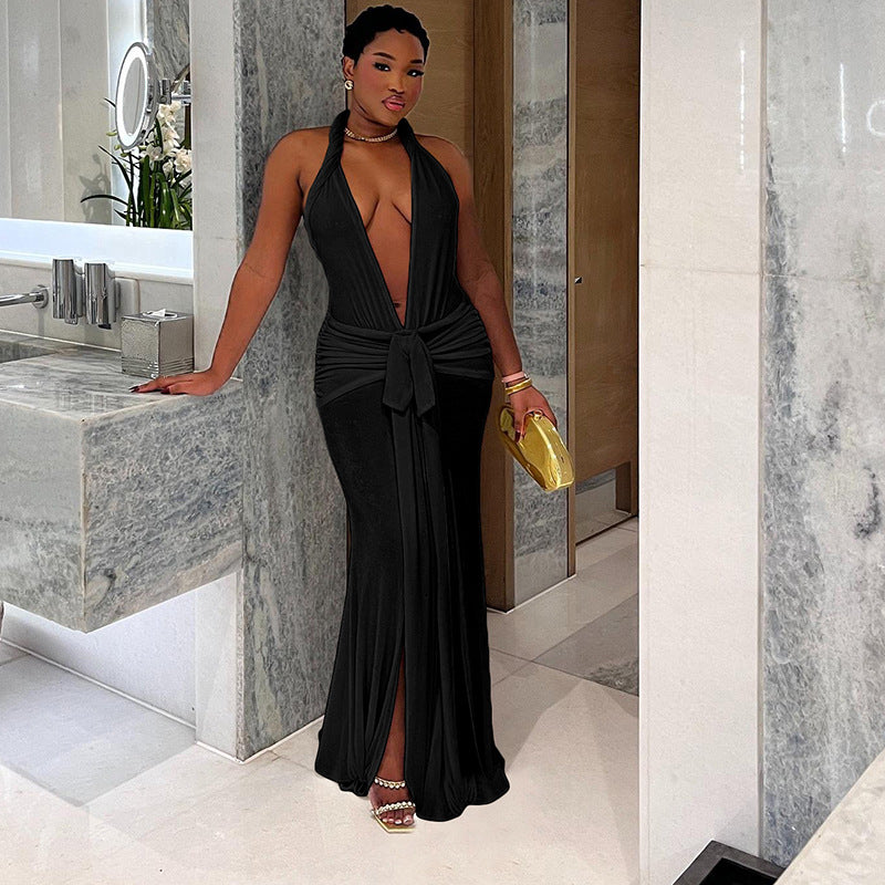 New Halter Deep V-neck Pure Color Split Dress Women