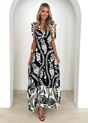 Tied V-neck Sleeveless Printed Dress Women