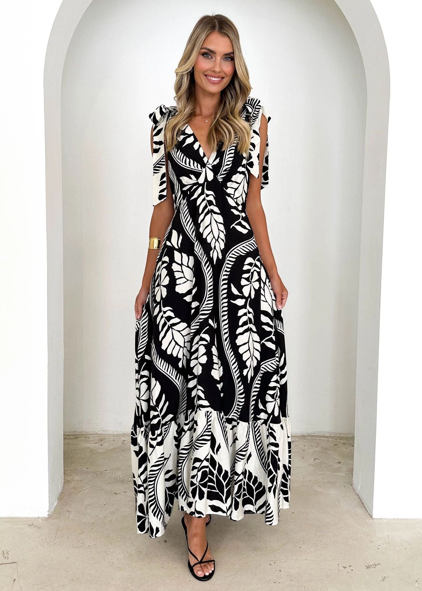 Tied V-neck Sleeveless Printed Dress Women