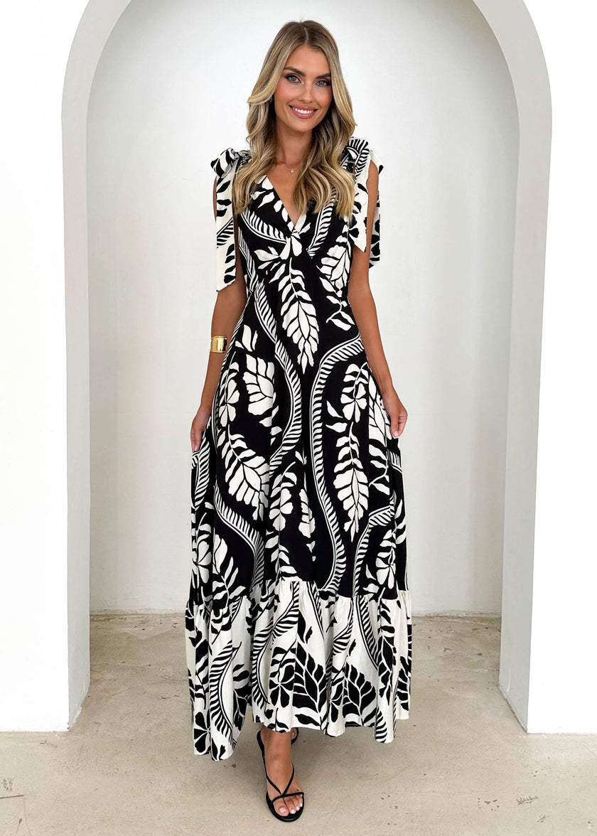 Tied V-neck Sleeveless Printed Dress Women