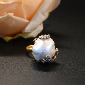 Vintage Brass Inlaid Baroque Pearl Bud Ear Stud And Ring