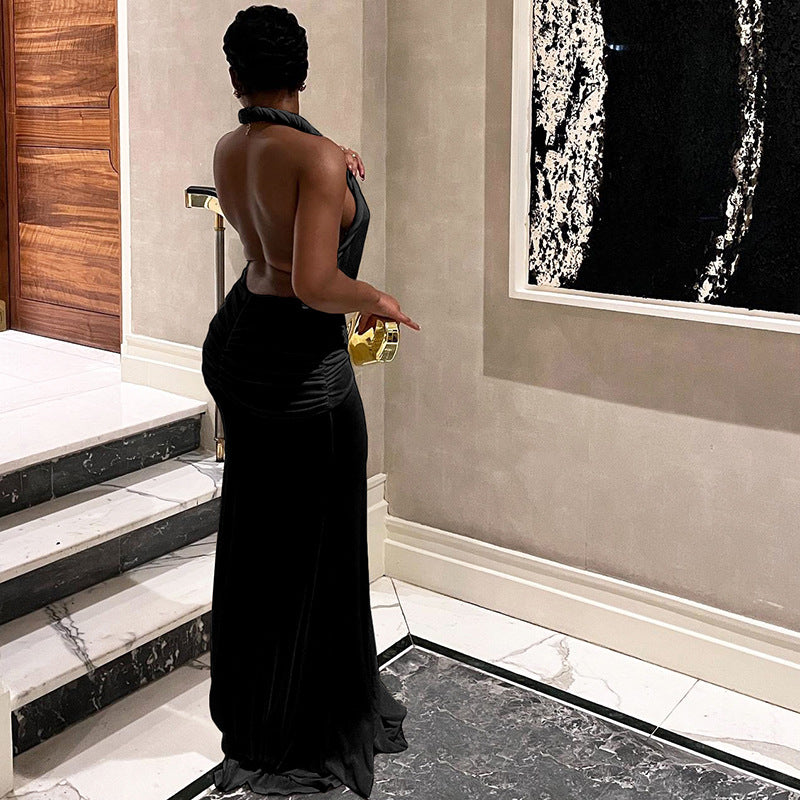 New Halter Deep V-neck Pure Color Split Dress Women