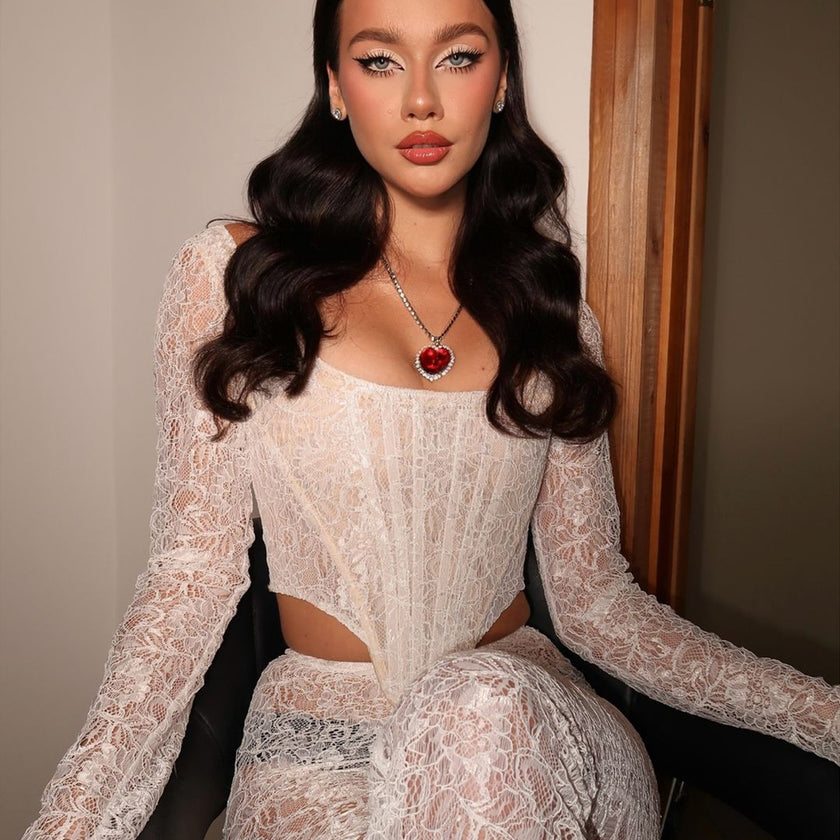 Lace Ribbon Long Sleeve Deep V Diamond Top For Women