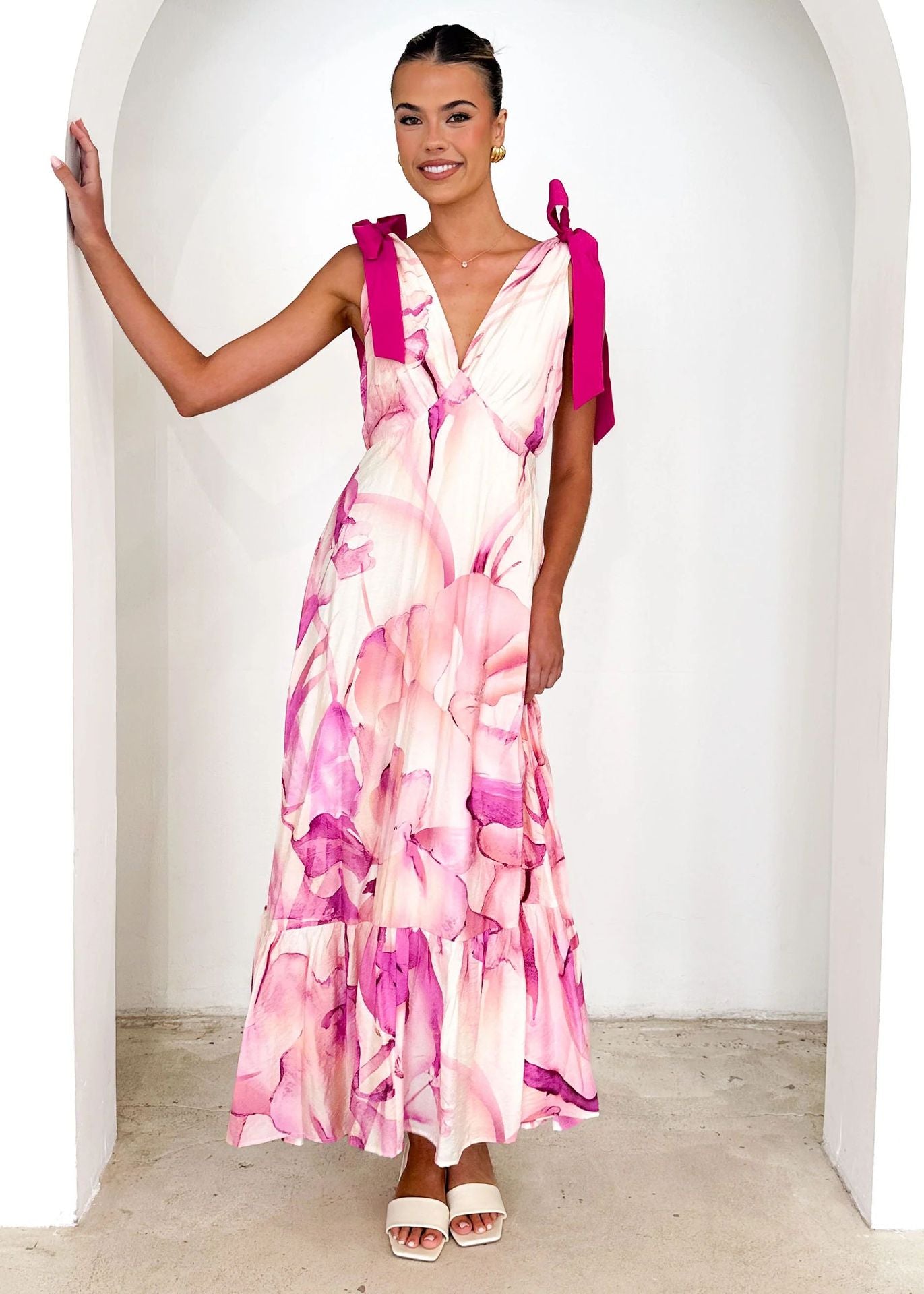 Tied V-neck Sleeveless Printed Dress Women