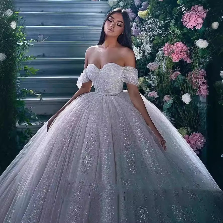 Off-shoulder Wedding Temperament Bride Mori Style Super Fairy Slimming Sequined Dress