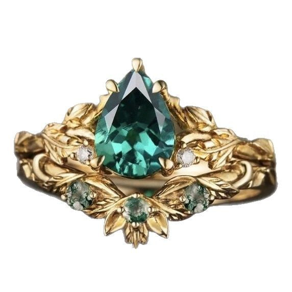 Palace Style Emerald Water Drop Zircon Ring Gold-plated Inlaid Lvzuan Couple Rings