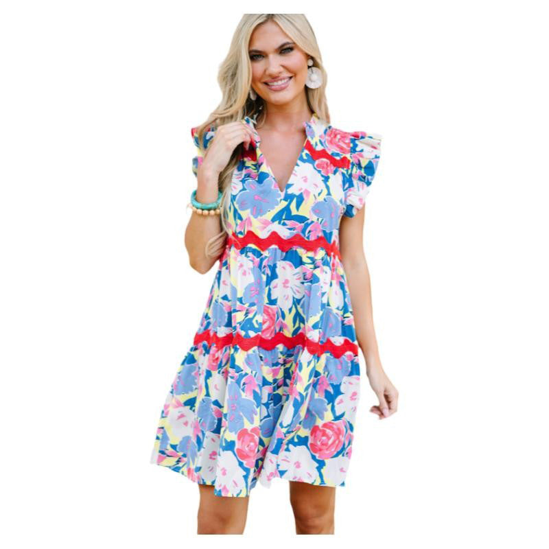 Versatile Contrast Color Printed High Waist Dress Women
