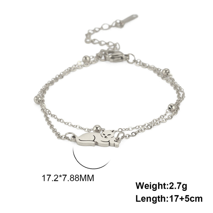 Cute Double Hole Lying Kitten Pendant Titanium Steel Bracelet