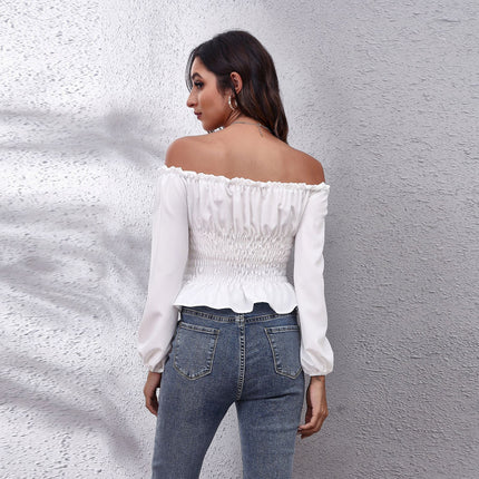 Pleating Lantern Sleeve Off-neck Short Top Women's Long Sleeve Chiffon Shirt