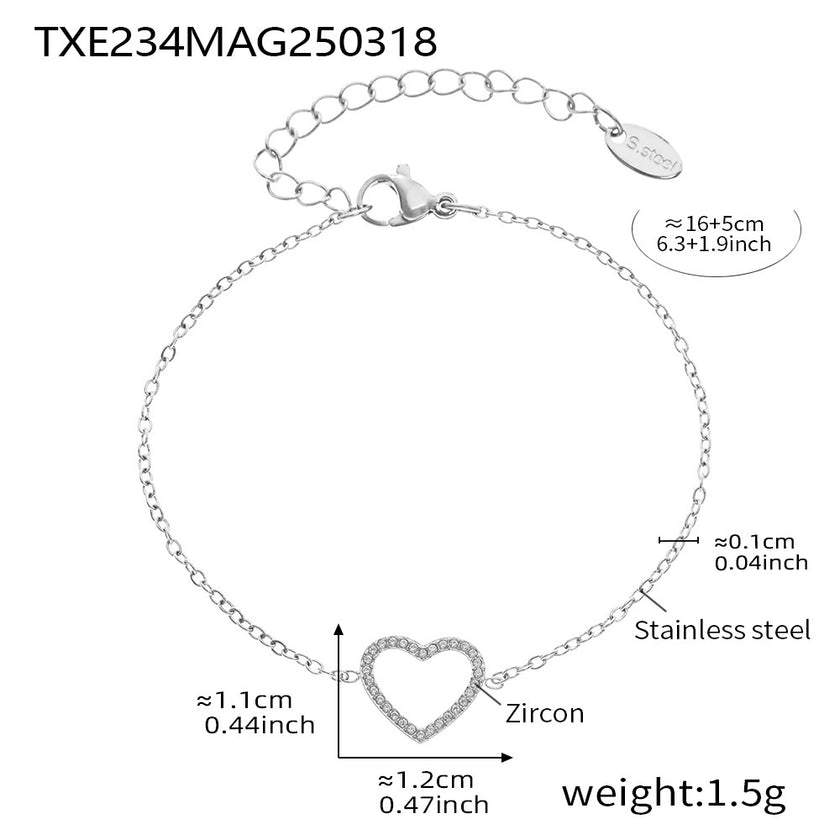 Stainless Steel Fully Jeweled Loving Heart Zircon Non-fading Texture Bracelet For Women
