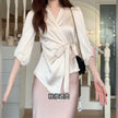 Slimming Waist Trimming Versatile V-neck Half Sleeves Elegant Satin Top For Women