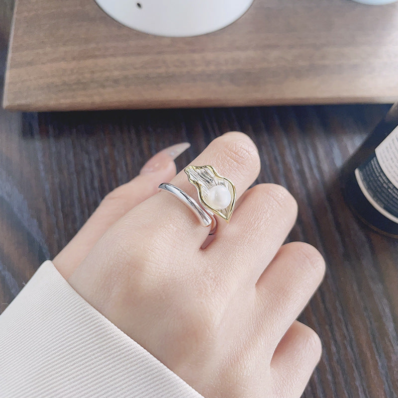 Leaf Color Matching Pearl Light Luxury Exquisite Open Ring
