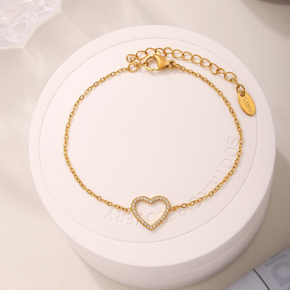 Stainless Steel Fully Jeweled Loving Heart Zircon Non-fading Texture Bracelet For Women