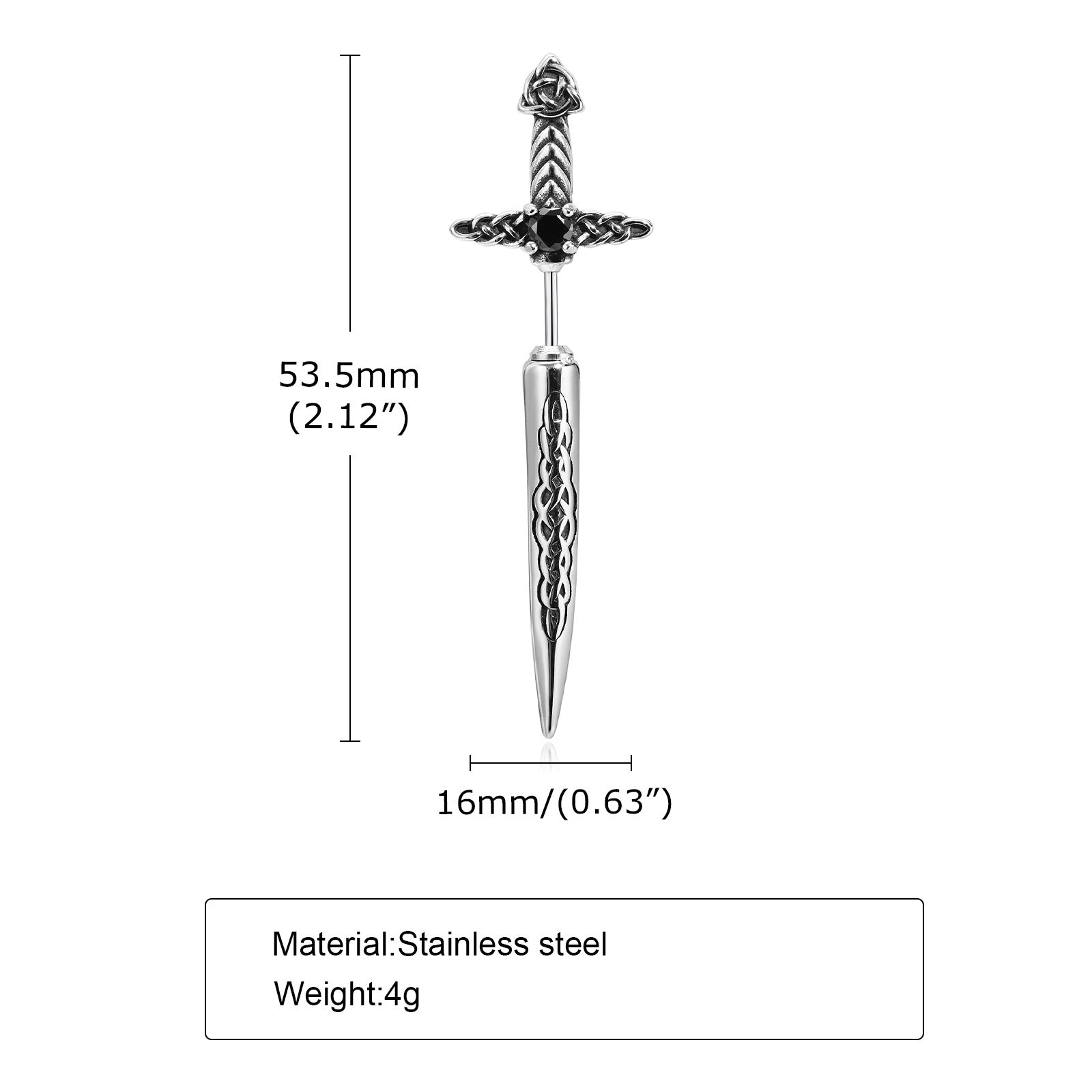 Stainless Steel Black Retro Hip Hop Sword Ear Studs