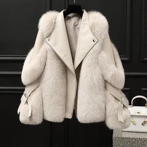 One-piece Fur Motorcycle Coat Long Wool Coat