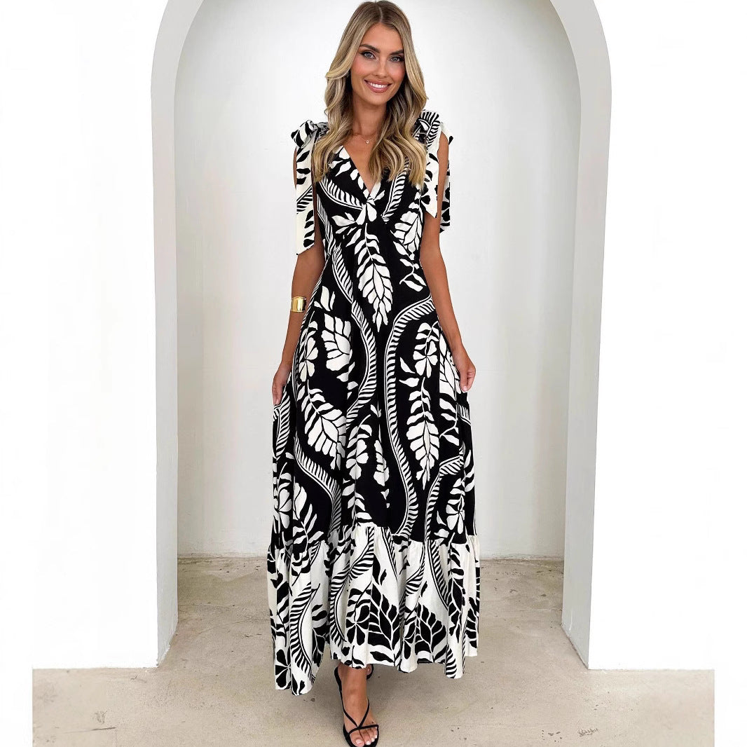 Tied V-neck Sleeveless Printed Dress Women
