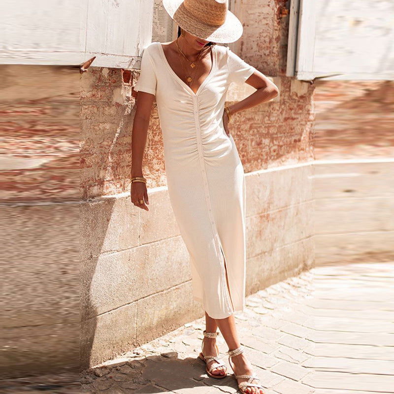 French Style V-neck Short Sleeve Dress Women