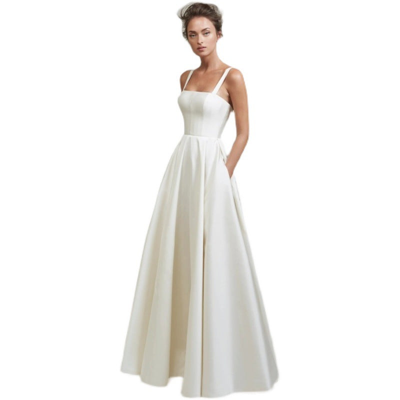 Strap Satin Light Wedding Dress Simple Trailing French Backless White Gauzy Dress