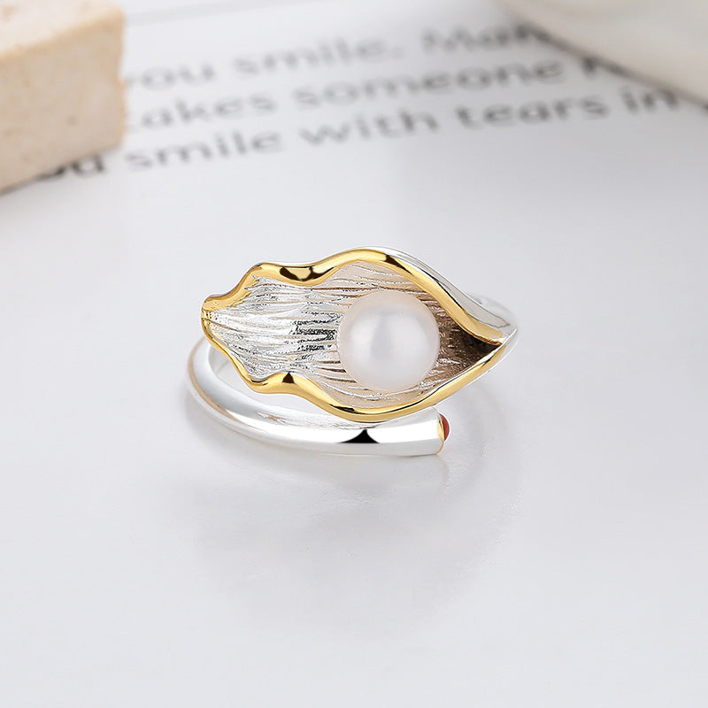Leaf Color Matching Pearl Light Luxury Exquisite Open Ring