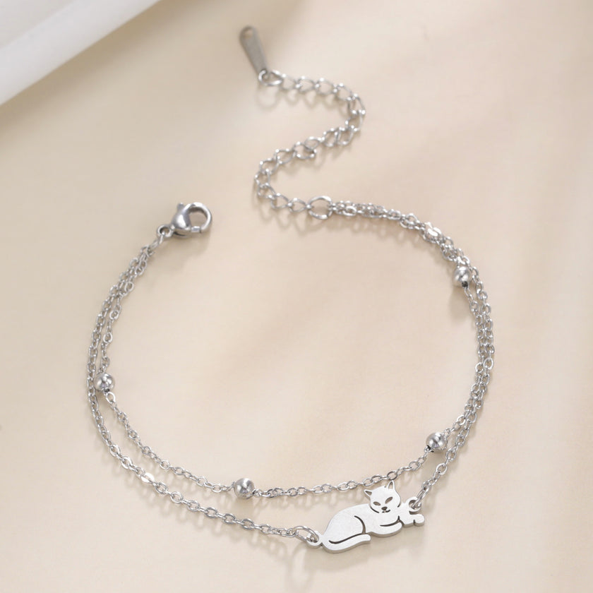 Cute Double Hole Lying Kitten Pendant Titanium Steel Bracelet
