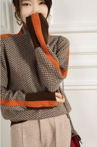 Lazy Loose Contrast Sleeves Fully Imitated Wool High Neck Sweater For Women