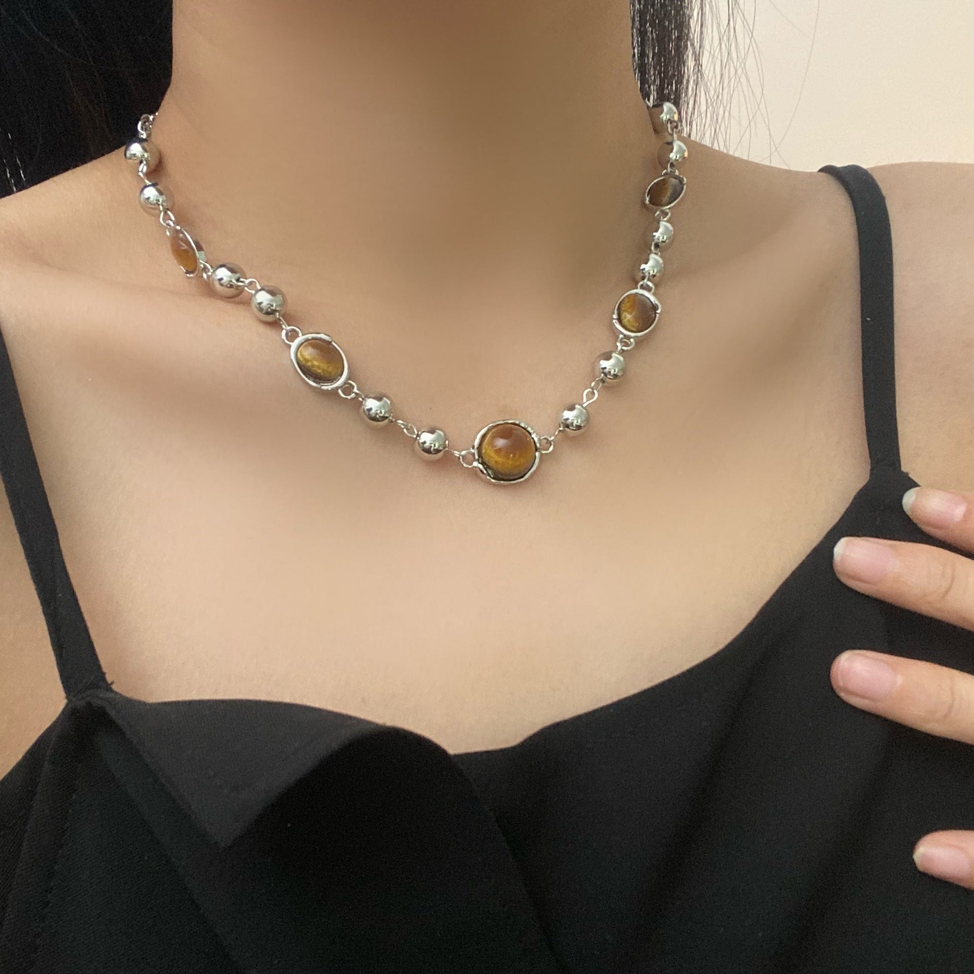 Maillard Tigereye Beaded Necklace Women's Retro High Sense