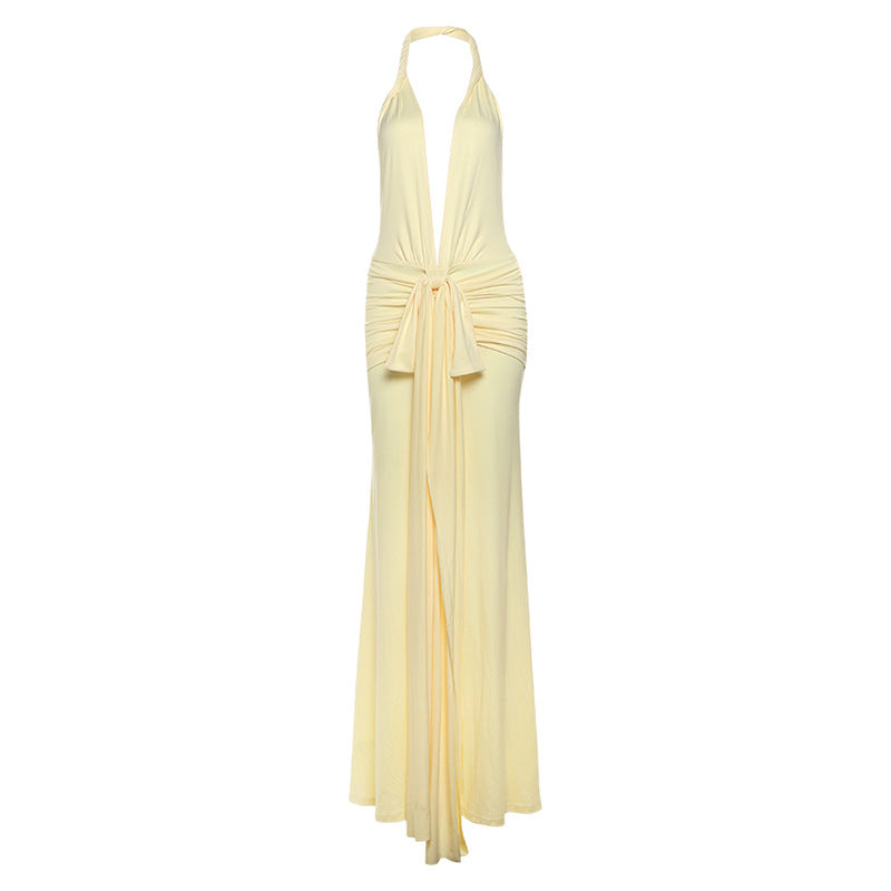 New Halter Deep V-neck Pure Color Split Dress Women