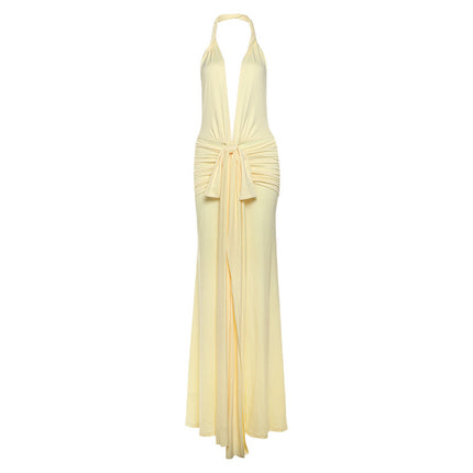 New Halter Deep V-neck Pure Color Split Dress Women