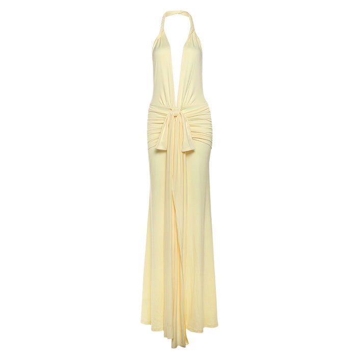 New Halter Deep V-neck Pure Color Split Dress Women