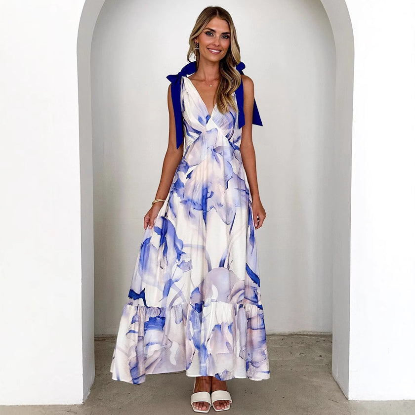 Tied V-neck Sleeveless Printed Dress Women