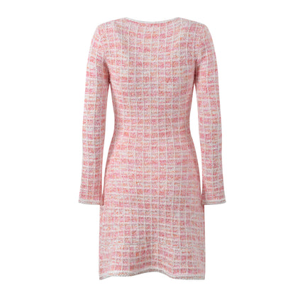 Temperament Cute Youth-looking Plaid Crew Neck Knitted Dress