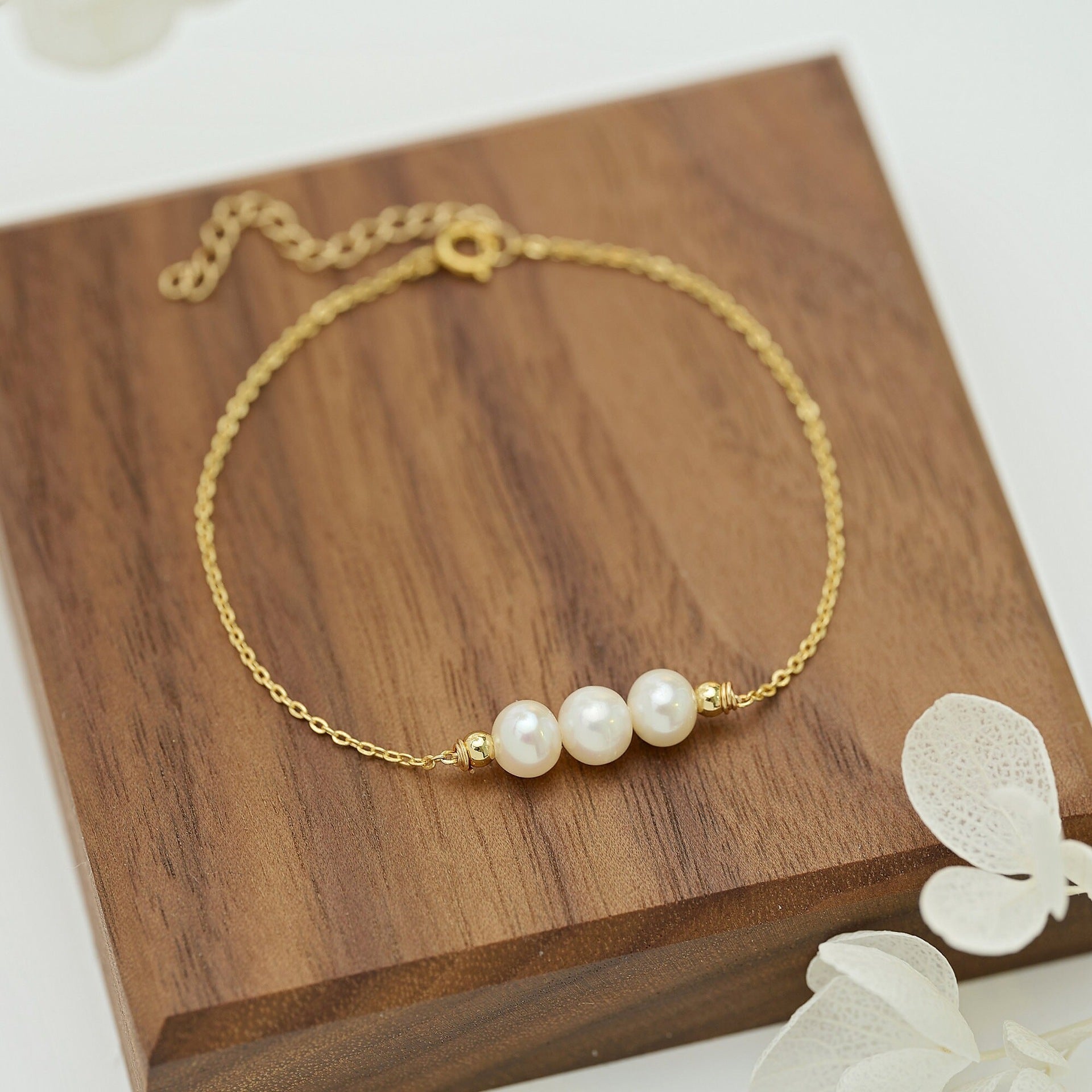 Gold Three Natural Freshwater Pearl Bracelet
