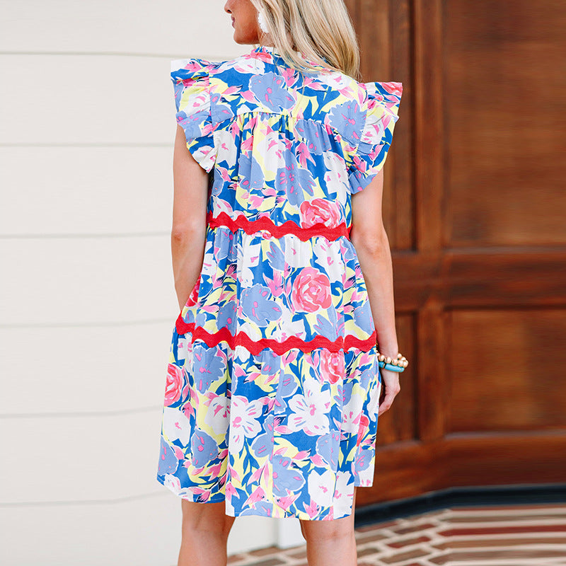 Versatile Contrast Color Printed High Waist Dress Women