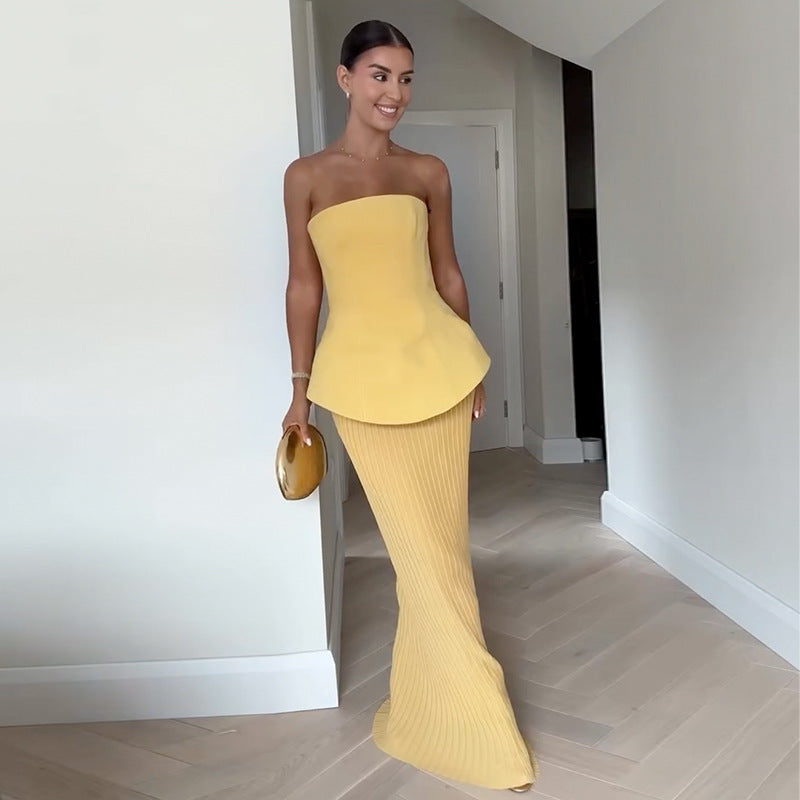 Tube Top High Waist Pleated Skirt Two-piece Set