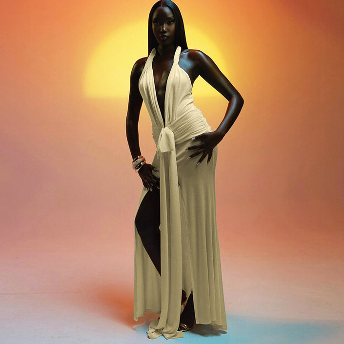 New Halter Deep V-neck Pure Color Split Dress Women