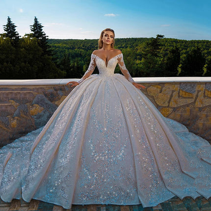 Fashion Shiny Long Sleeve Ball Gown Fitted Waist Backless Sequin Wedding Dress