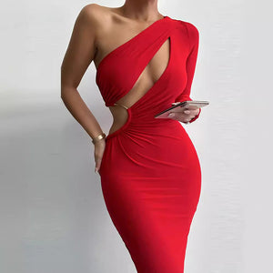 One-shoulder Long Sleeve Waist-baring Dress Women