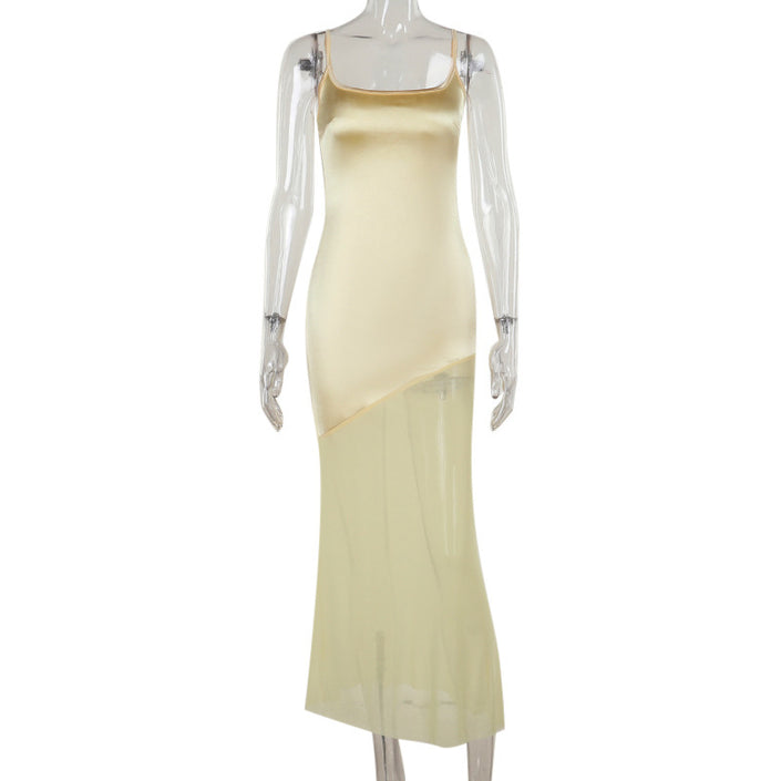 Classic Style Elegant Slim Satin Stitching Mesh Spaghetti-strap Dress