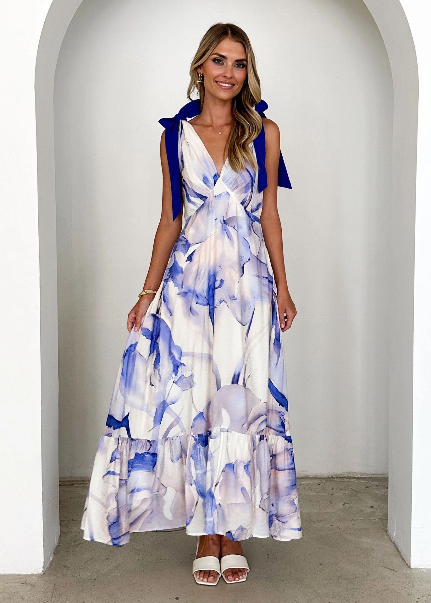Tied V-neck Sleeveless Printed Dress Women