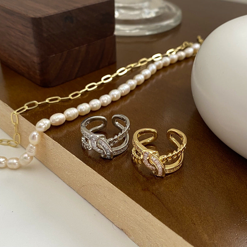 Zircon Full Diamond Knot Chain Strip Index Finger Ring For Women