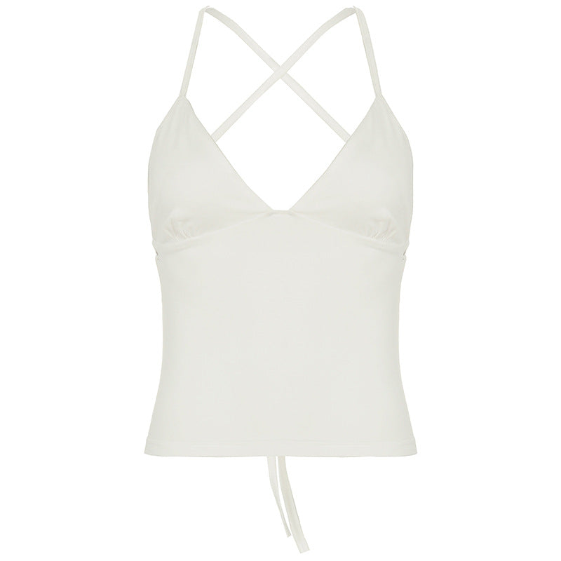 Solid Color And V-neck Hollow Out Strap Short Exercise Skirt Suit