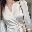 Slimming Waist Trimming Versatile V-neck Half Sleeves Elegant Satin Top For Women
