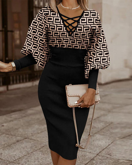 Lantern Sleeve Printed Waist-controlled Graceful And Fashionable Dress