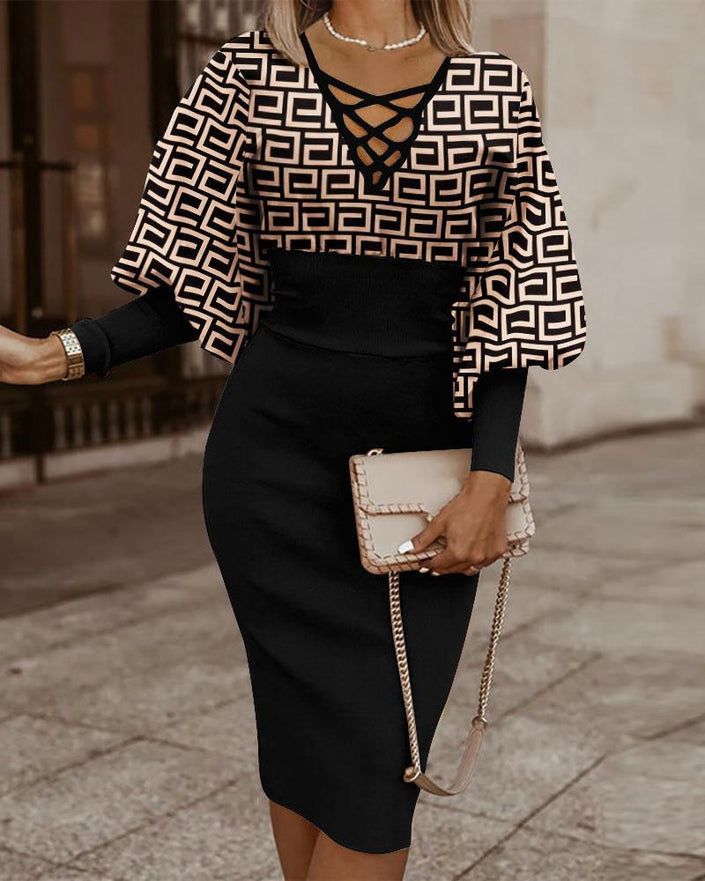 Lantern Sleeve Printed Waist-controlled Graceful And Fashionable Dress