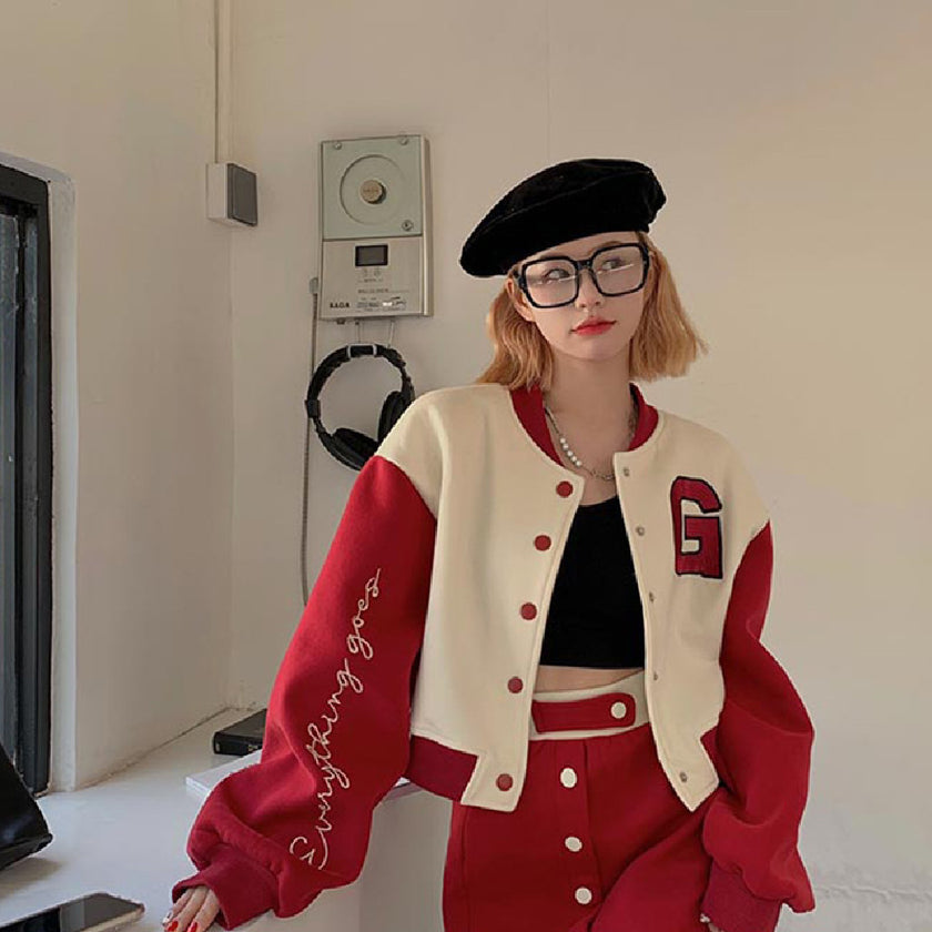 College Style Suit Coat Red Skirt Two-piece Set