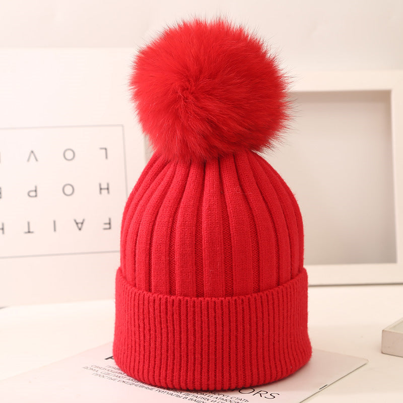 Boys And Girls Woolen Fox Fur Ball Knit Hat